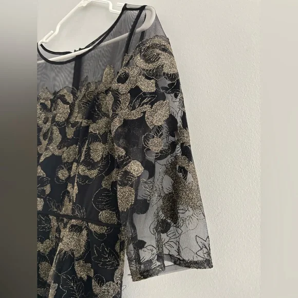 Adrianna Papell Black and Gold Lace Mesh Dress Long Sleeves Gown Size 12 - Picture 5 of 16